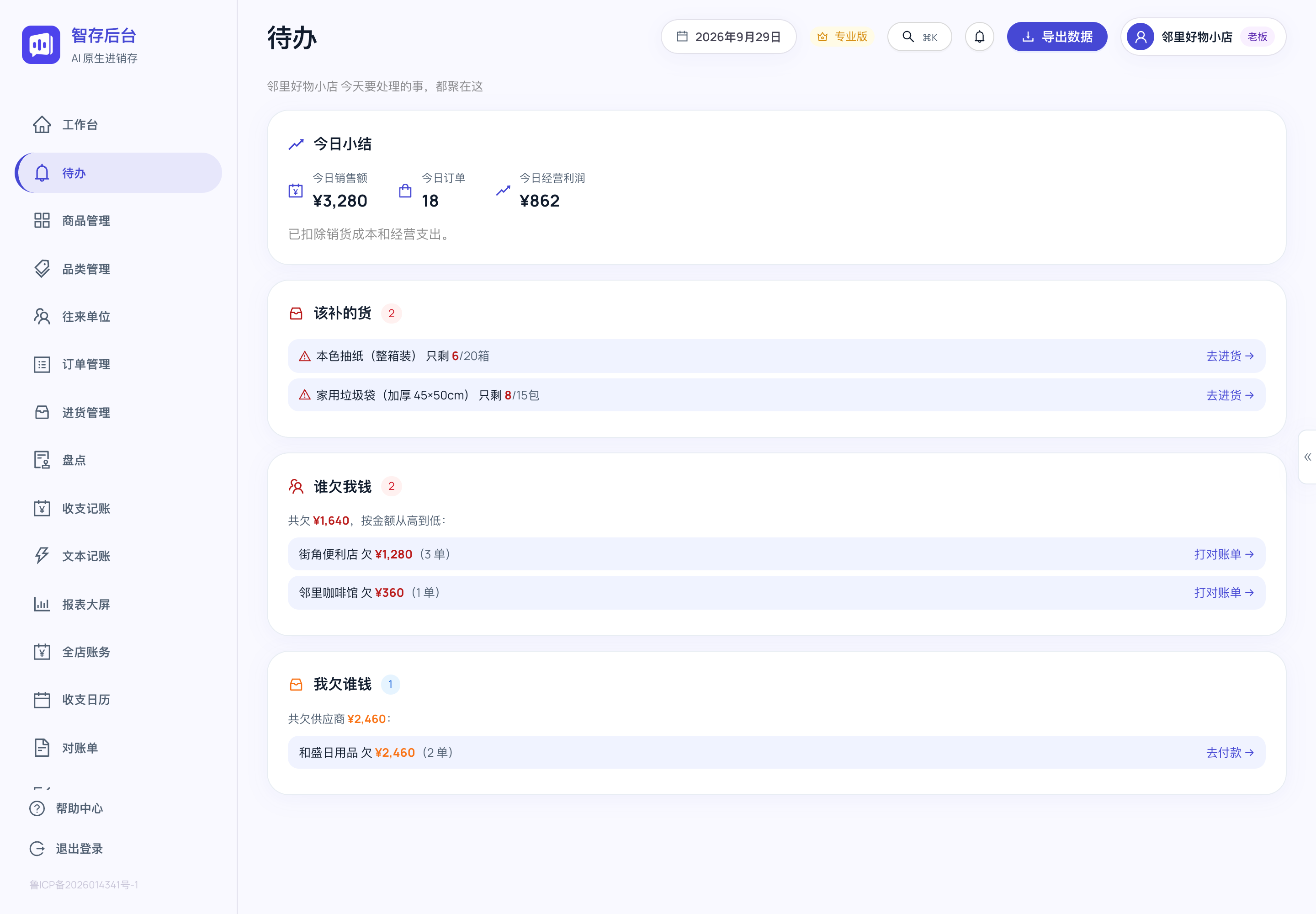 智存 Web 端待办页面,使用模拟数据展示今日经营、补货提醒、客户欠款及供应商待付